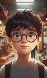 an animation portrait of a young boy wearing glasses