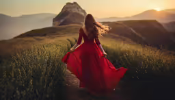 a woman with long red dress in the mountains