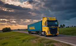 a yellow and blue truck is driving down the road,a yellow truck driving down the road next to tall grass