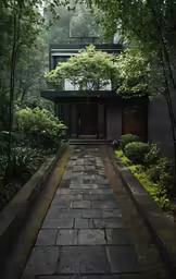 a courtyard with brick stepping path to a home