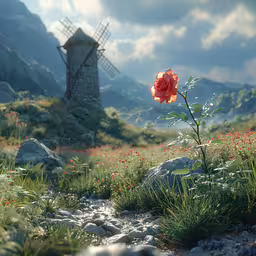 an image of a poppy flower on a hill with an old windmill in the background,a pink rose sitting in some rocks and flowers