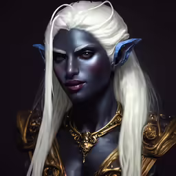 a digital painting of a white female elf wearing gold and blue