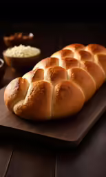 a wooden cutting board topped with a bread roll