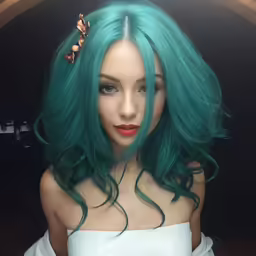 a woman with green hair, wearing white dress