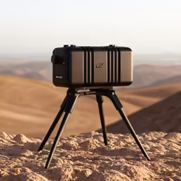 a black piece of luggage sitting on top of a tripod