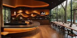 a modern restaurant with large window and long table