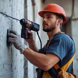 a man with a driller and a tool on a wall