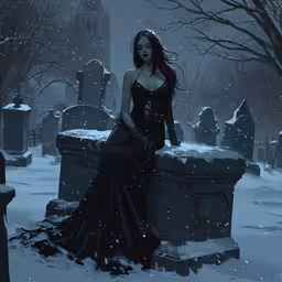 a woman sitting on a grave with snow on the ground,a gothic girl sits on a cemetery bench in a snowy graveyard