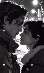 a man and woman kissing under street lights at night