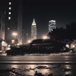 the cars on the street are in front of some buildings