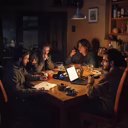four friends sitting at a table sharing a meal and drinking drinks