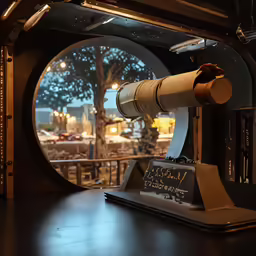 an eye glass is in front of an image of a dining room and tree