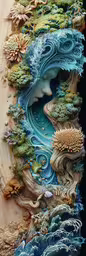 a close up of a wooden surface with an image of trees,a colorful and detailed image with trees, flowers and animals