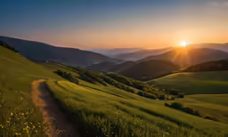 the sun is setting over mountains and grassy fields