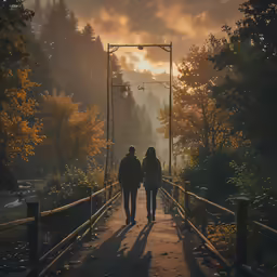 the two people are walking along the bridge together