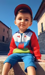 a little kid sitting in front of an old town