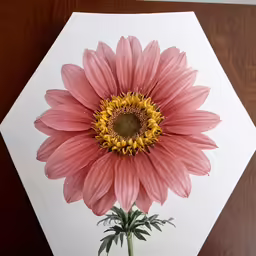 a beautiful pink flower sitting on top of a white and brown hexagonal panel