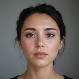 a woman in a black shirt and brown shirt with a neutral light