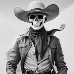 black and white photo of a skeleton wearing a cowboy hat and a scarf