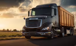 the big truck is driving down the road,a truck rides down a rural road during the sun