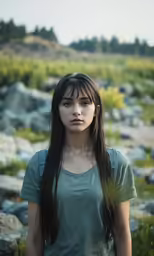 a woman with long hair is standing by rocks