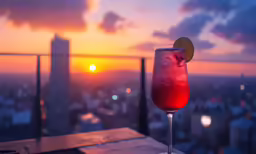 the sun is setting over a city with a tall building and a long wooden table