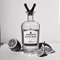 a bottle of vodka is sitting near a half cut lemon