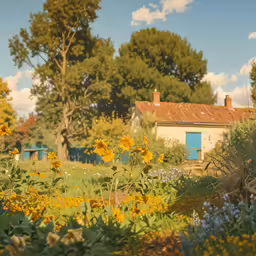 sunflowers bloom in front of an old house