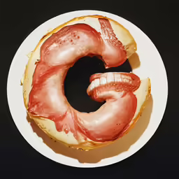 a plate that has a large donut with bacon on it