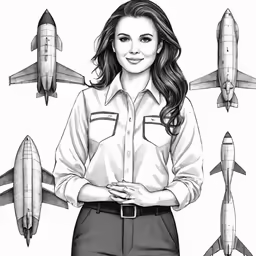 a girl in a pilot uniform with a model airplane around her