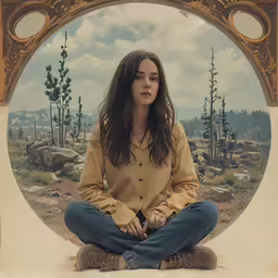 a woman sitting on top of a rock with her hands in her pockets