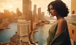 a woman with very large breast standing near water in a city
