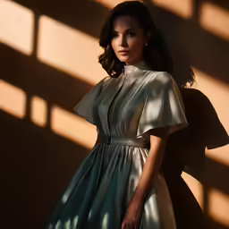 a woman in a blue dress is leaning against the wall