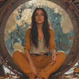 a woman sitting in a circle surrounded by brown leaves