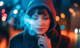 woman with hooded coat smoking a cigarette in the night