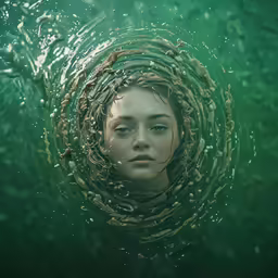 woman standing under a tree with an underwater scene