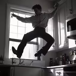 a person jumping into the air near a window
