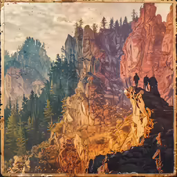 a painting of people climbing up the side of a hill