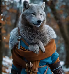 a wolf is standing on the ground with his paws folded out