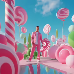 a man is standing in the middle of a pool surrounded by large candy canes