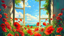 a painting of a window, a field of red flowers and a green plant,a painting of a bright open window and red flowers