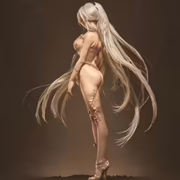 a woman with long white hair and a big boot