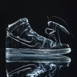 nike air force hi - tops designed by nike, and the model is reflected on a reflective surface,a clear, futuristic nike sneaker with an insect on top of it