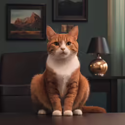 an orange and white cat sits on a table