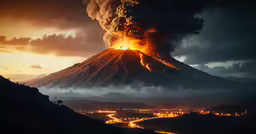 a very dark and lit up volcano and night time sky