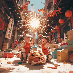 some small dolls in red shirts holding sparklers