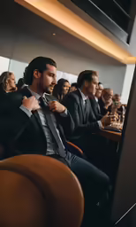 many men wearing suits are waiting in a row for the next order