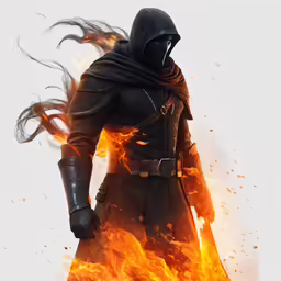 a person wearing a hooded hood and standing with his hands on a fire