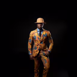 a man in an orange suit stands for a photo,a black man with a hat is dressed in a patterned suit