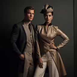 an attractive couple of fashion people posing for a photograph
